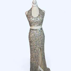 Mac Duggal Sparkly Sequin Two-Piece Halter Gown with Slit - Prom Pageant Evening